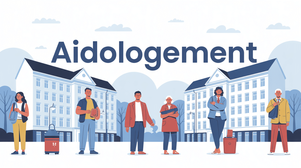 Illustration aidologement avec profils devant immeubles