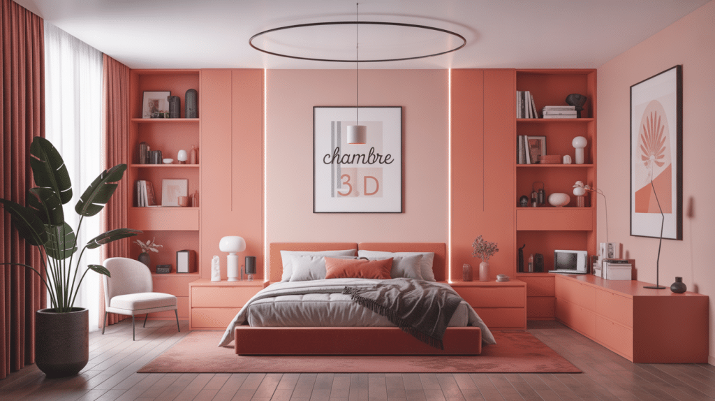 Vue globale chambre en 3D moderne