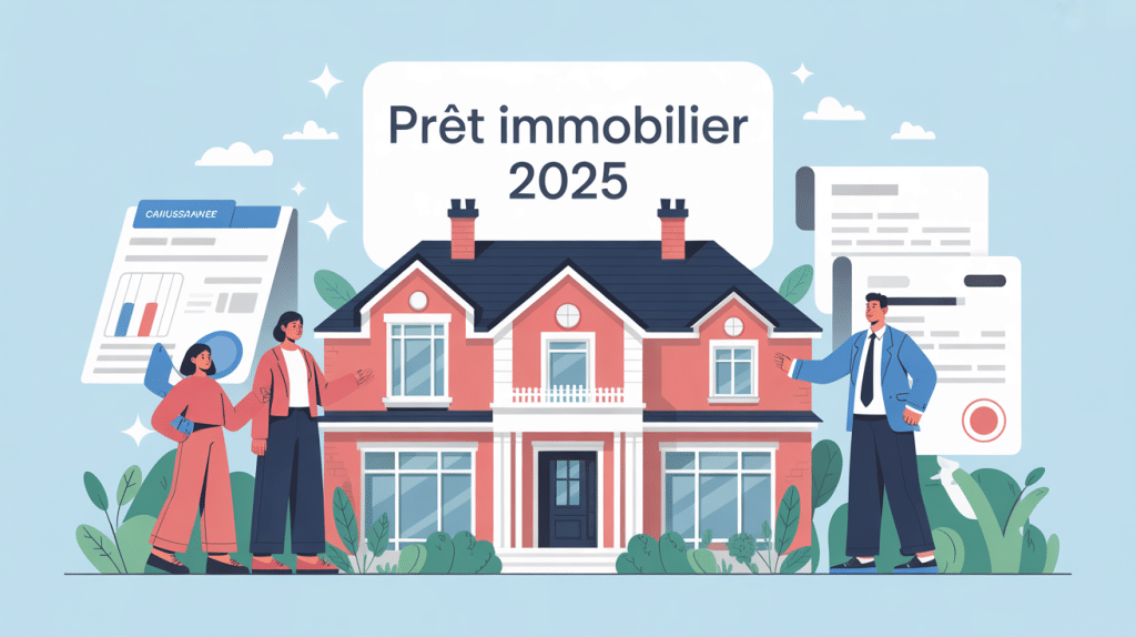 Illustration famille et banquier autour d'une maison, nouvelles conditions pour obtenir un prêt immobilier