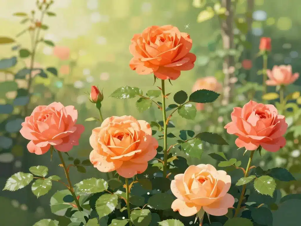 editorial rosa super star fleurs orange saumon feuillage vert