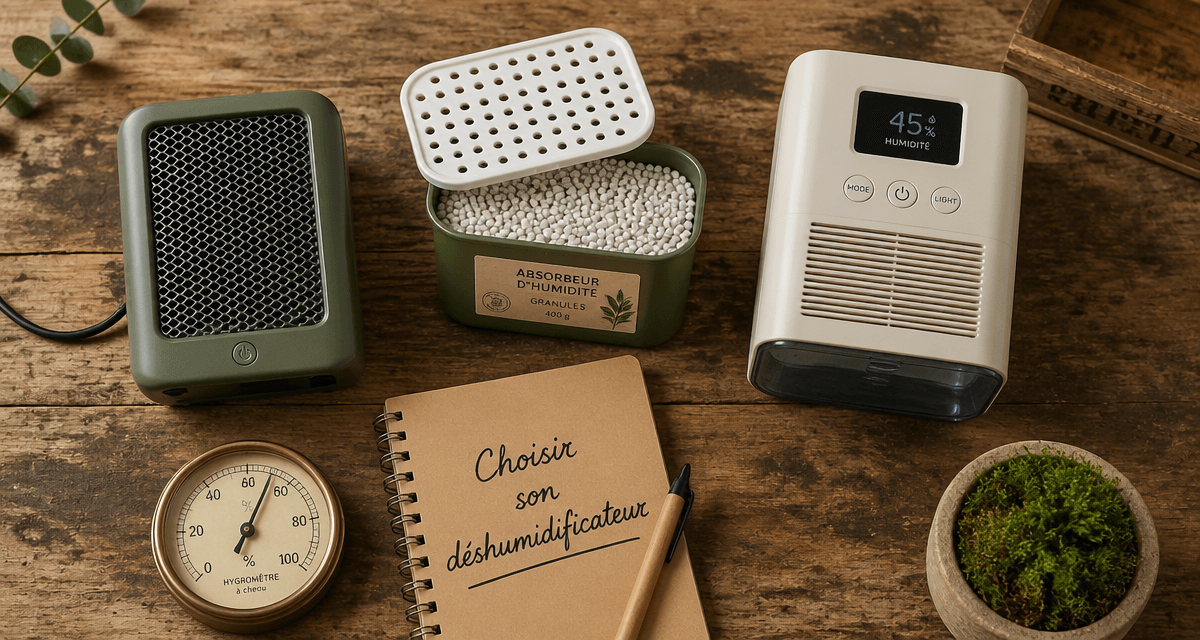déshumidificateur avis, trois modèles sur table bois, hygromètre et carnet
