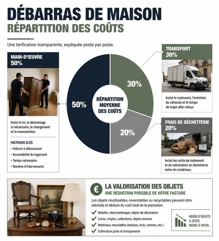 Infographie des coûts et étapes d'un exemple devis débarras maison