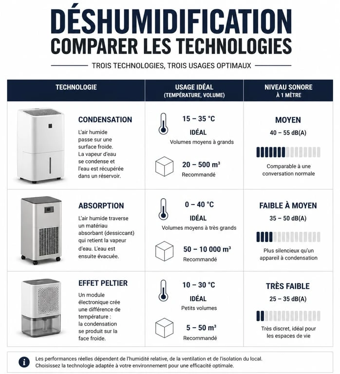 Infographie comparative des technologies de déshumidificateur pour choisir le bon appareil