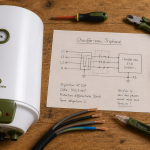 chauffe eau triphasé compact sur plan de travail avec outils et schéma