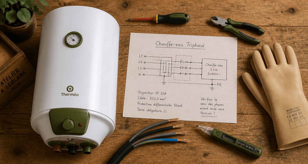 chauffe eau triphasé compact sur plan de travail avec outils et schéma