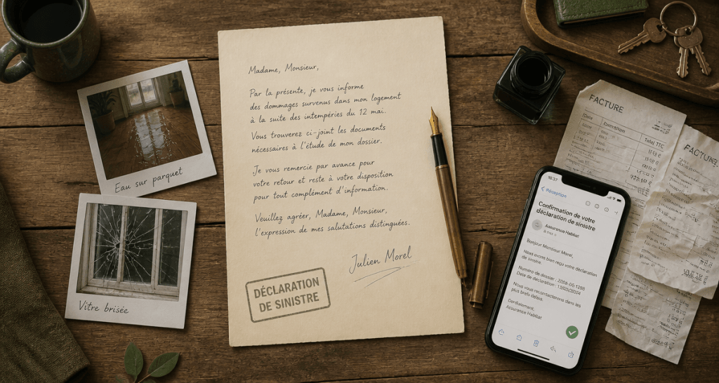 declaration de sinistre modele de lettre sur bureau avec photos et factures