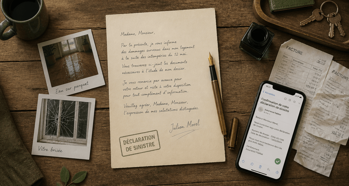 declaration de sinistre modele de lettre sur bureau avec photos et factures