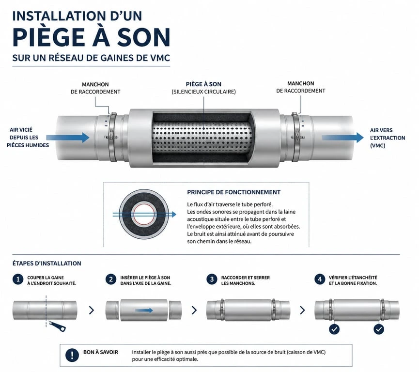 Schéma d'installation d'un piège à son pour VMC dans un réseau de ventilation