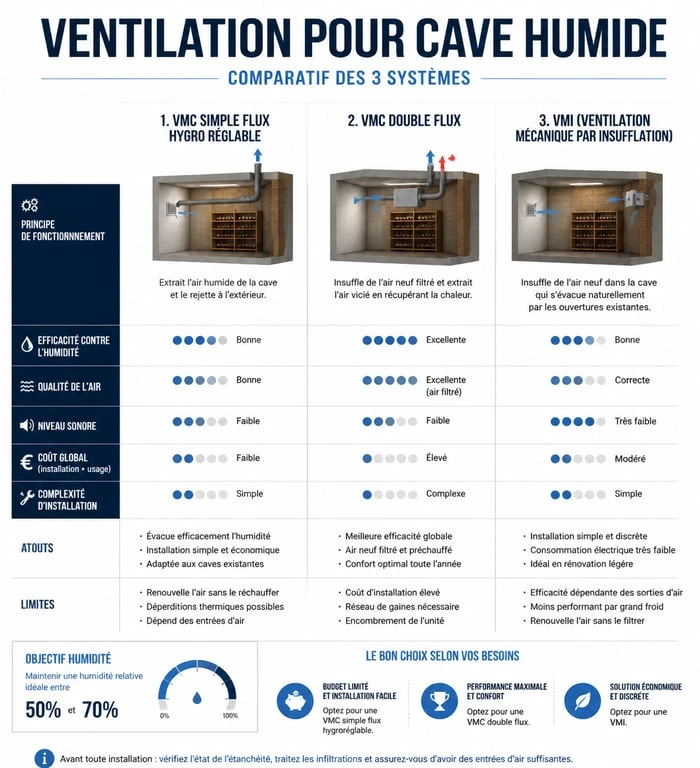 Comparatif des systèmes de VMC pour cave humide : simple flux, double flux et VMI