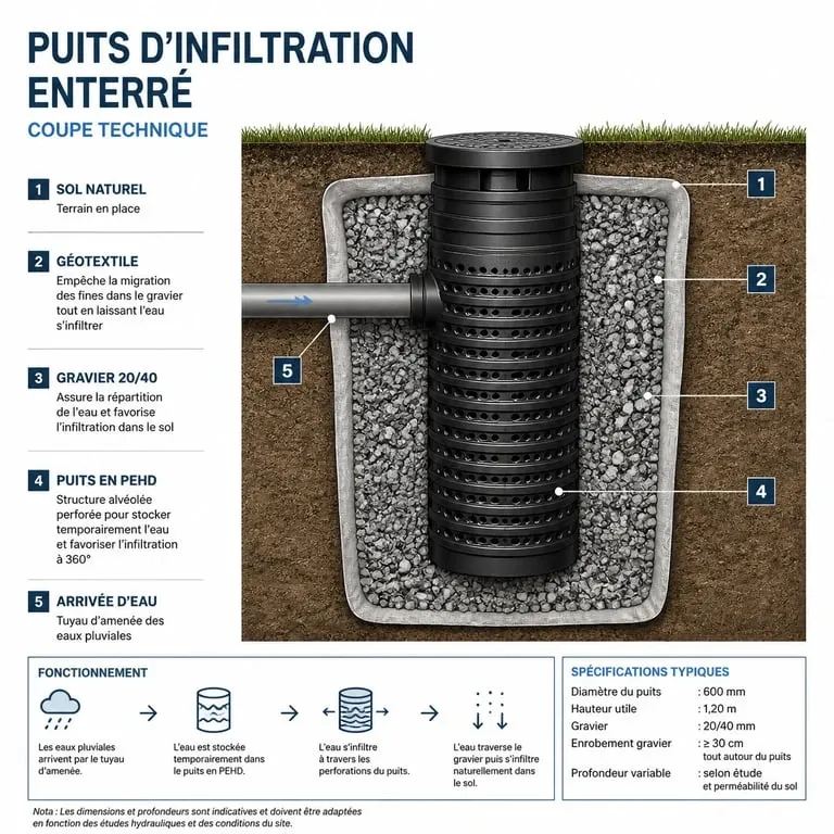 Schéma technique d'installation d'un puits d'infiltration eaux pluviales