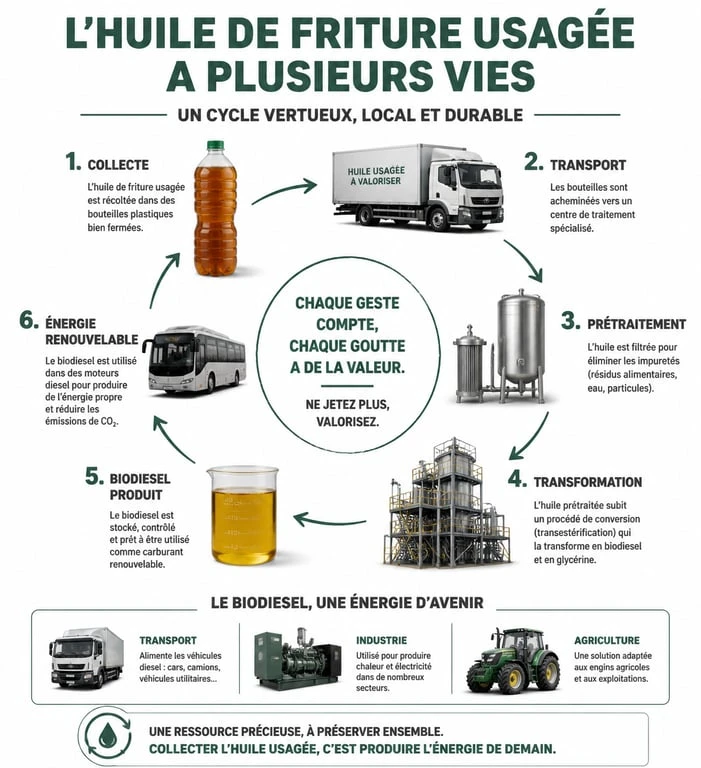 Infographie sur le recyclage de l'huile de friture usagée et son impact environnemental