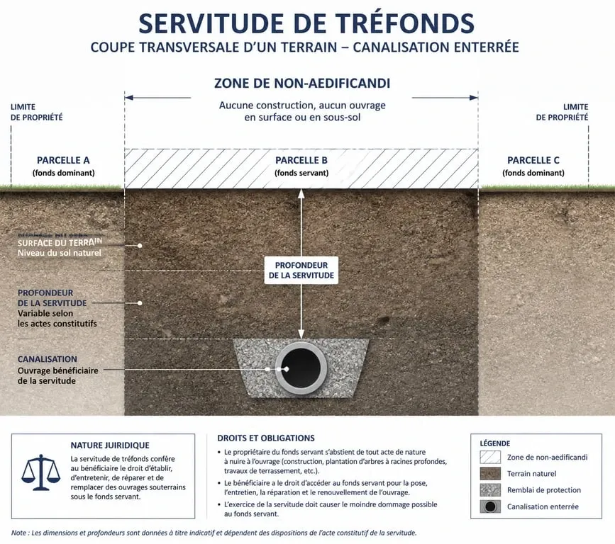 Schéma explicatif d'une servitude de tréfonds : impact sur la constructibilité et passage de réseaux souterrains.