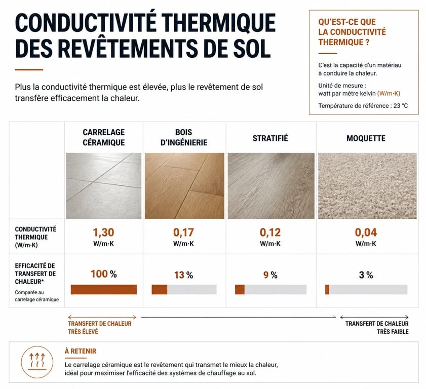 Infographie comparative de la conductivité thermique des revêtements pour chauffage par le sol gaz