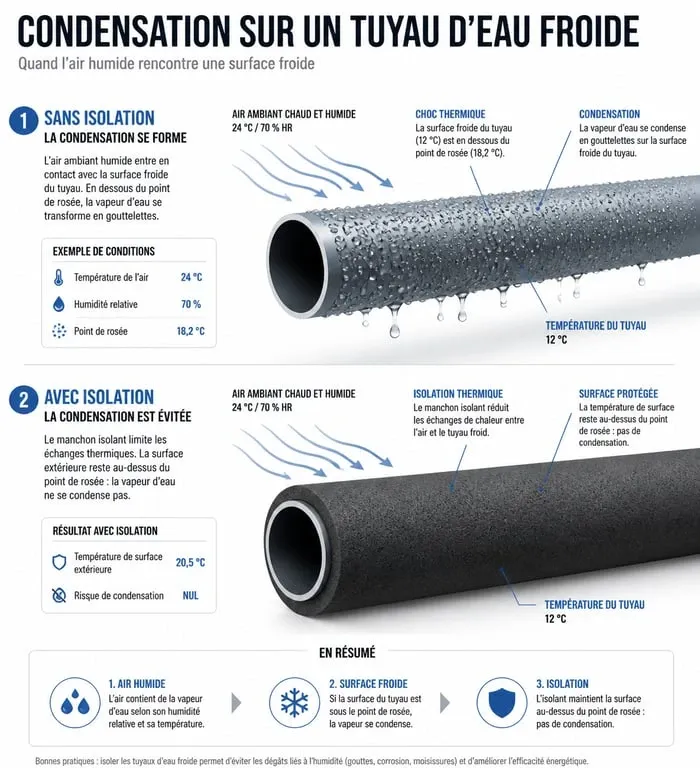 Schéma explicatif de la condensation sur tuyau d'eau froide et solution par isolation