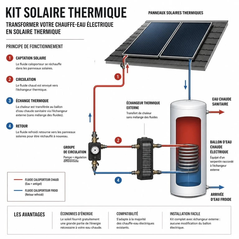 Schéma de fonctionnement d'un kit de transformation ballon électrique en chauffe-eau solaire