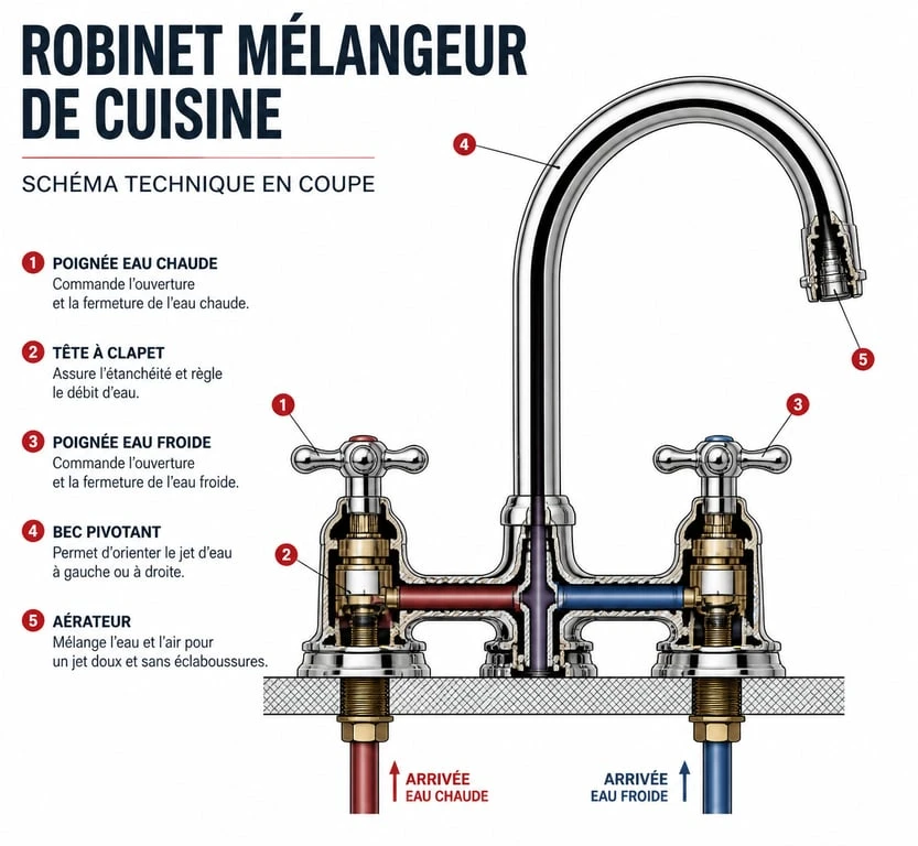 Schéma technique d'un robinet mélangeur de cuisine avec ses composants principaux