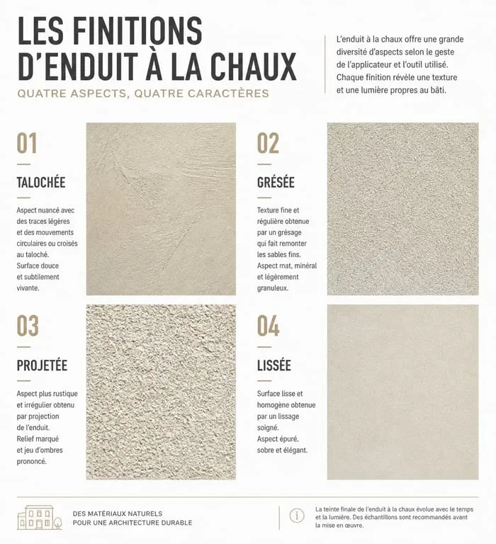 Différents types de finitions d'enduits à la chaux à Paris : talochée, grésée, projetée et lissée.