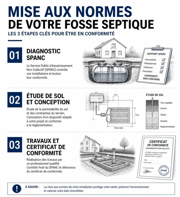 Infographie des étapes de mise aux normes fosse septique