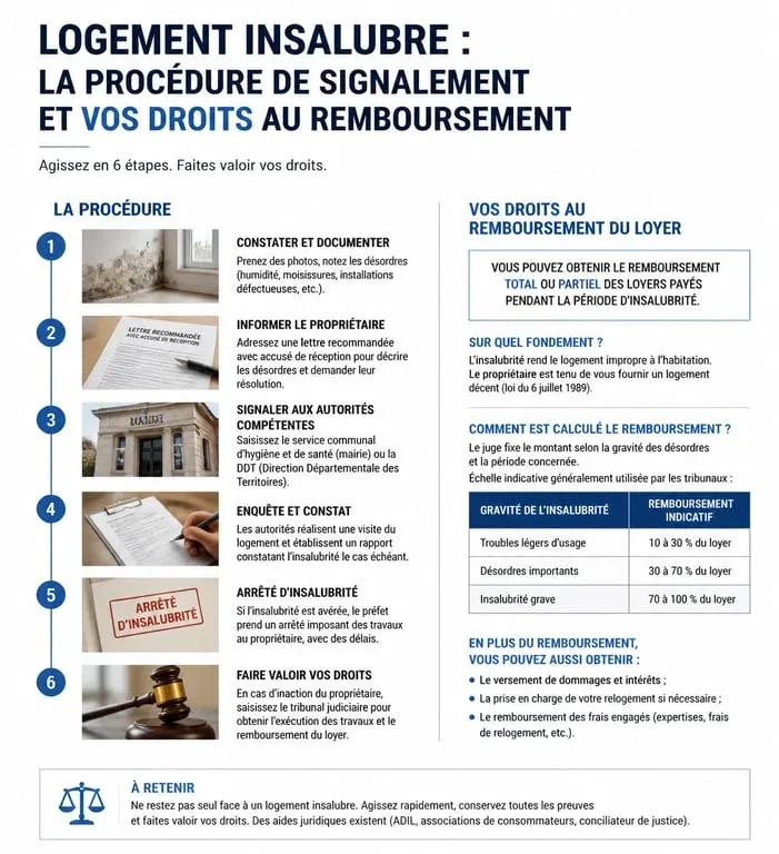 Infographie sur la procédure de signalement d'un logement insalubre et remboursement de loyer