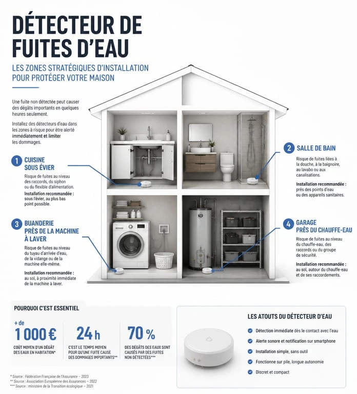 Schéma des zones d'installation recommandées pour un détecteur de fuites d'eau dans une maison