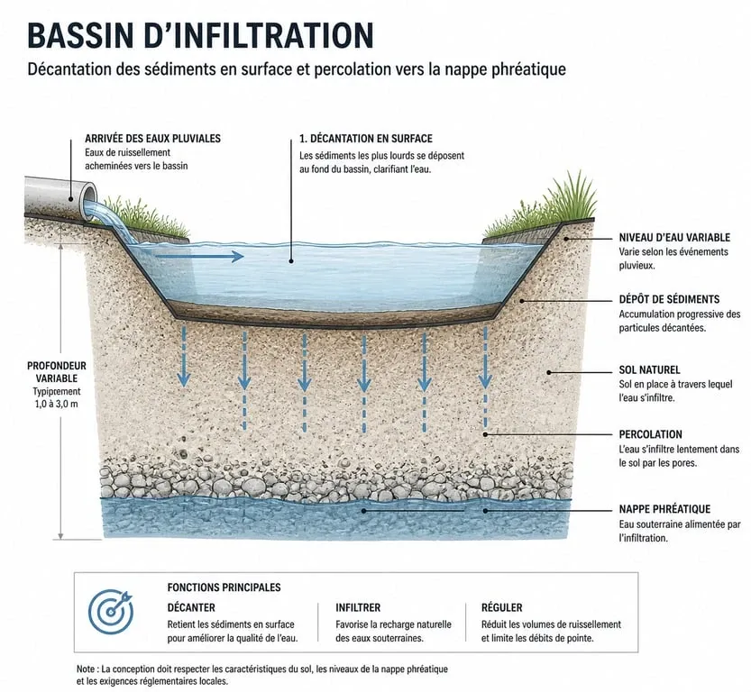 Schéma de fonctionnement d'un bassin d'infiltration des eaux pluviales