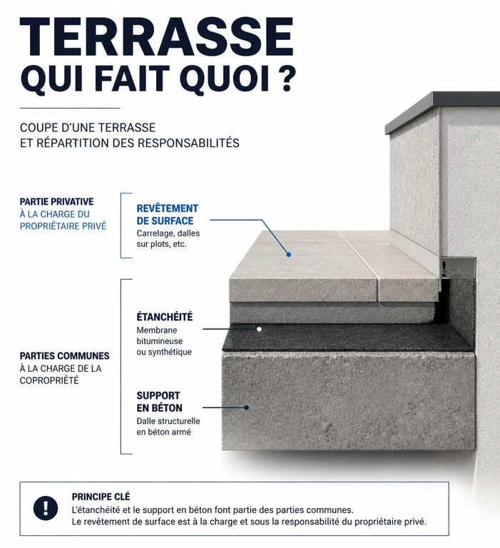 Schéma de répartition des responsabilités pour l'étanchéité d'une terrasse privative en copropriété