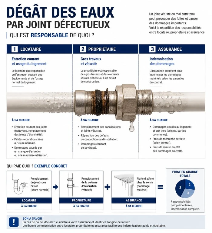 Infographie répartition des responsabilités dégât des eaux joint défectueux assurance habitation