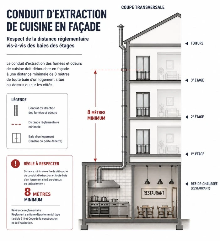 Schéma technique de l'installation d'une extraction de restaurant en copropriété respectant la distance de 8 mètres