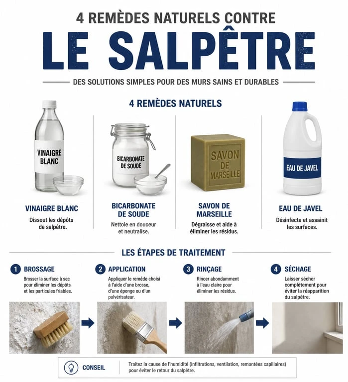 Infographie des remèdes naturels contre le salpêtre sur les murs