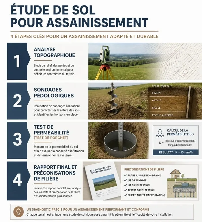Infographie des étapes d'une étude de sol pour assainissement non collectif