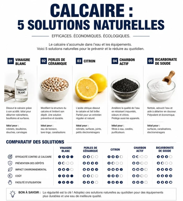 Infographie des solutions naturelles pour enlever le calcaire de l'eau naturellement à la maison