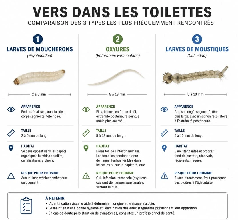 Identification des vers dans les toilettes : larves de moucherons, oxyures et larves de moustiques
