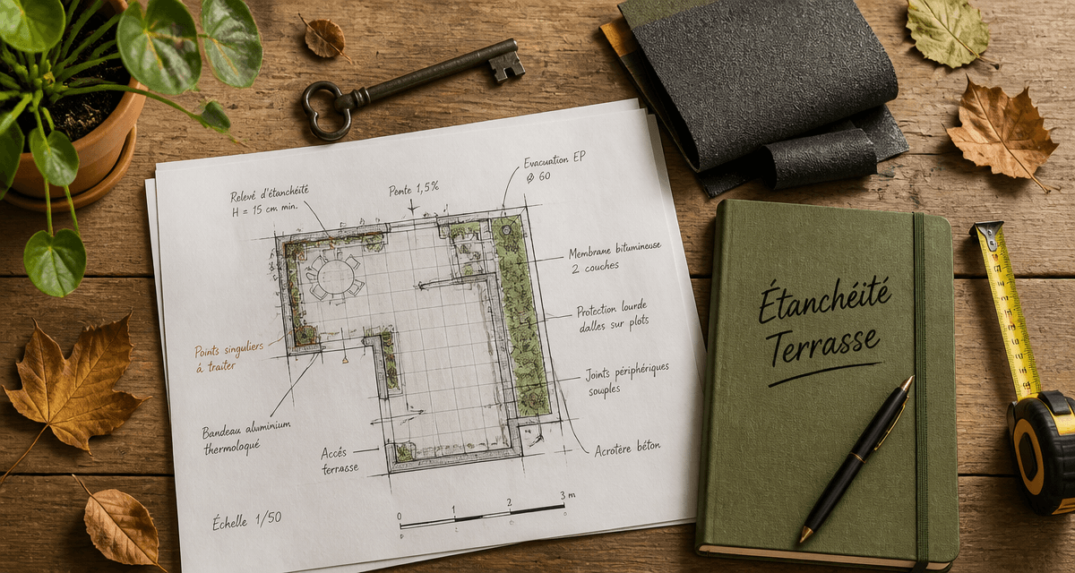 étanchéité terrasse privative copropriété, plan et outils sur bureau