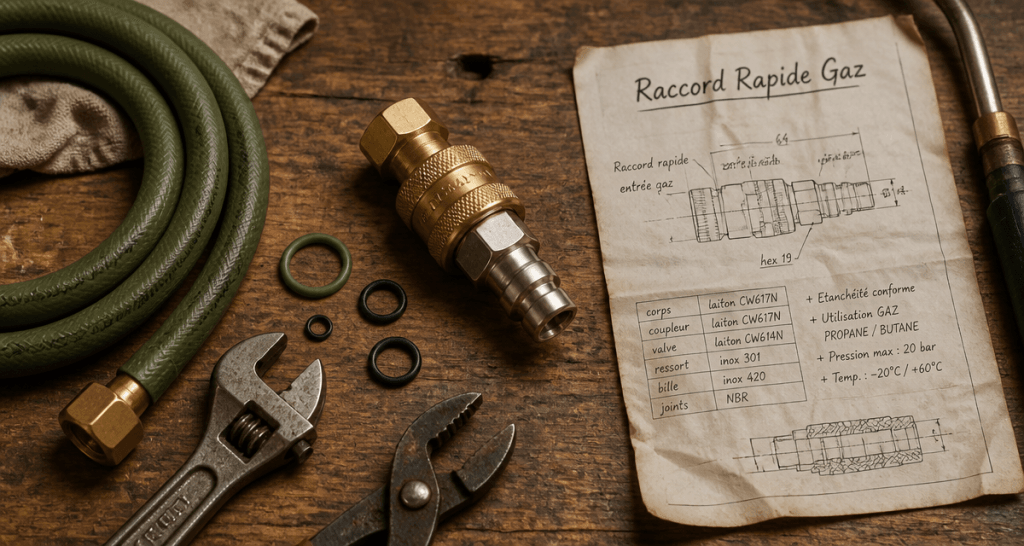 raccord rapide gaz sur établi avec outils et fiche technique