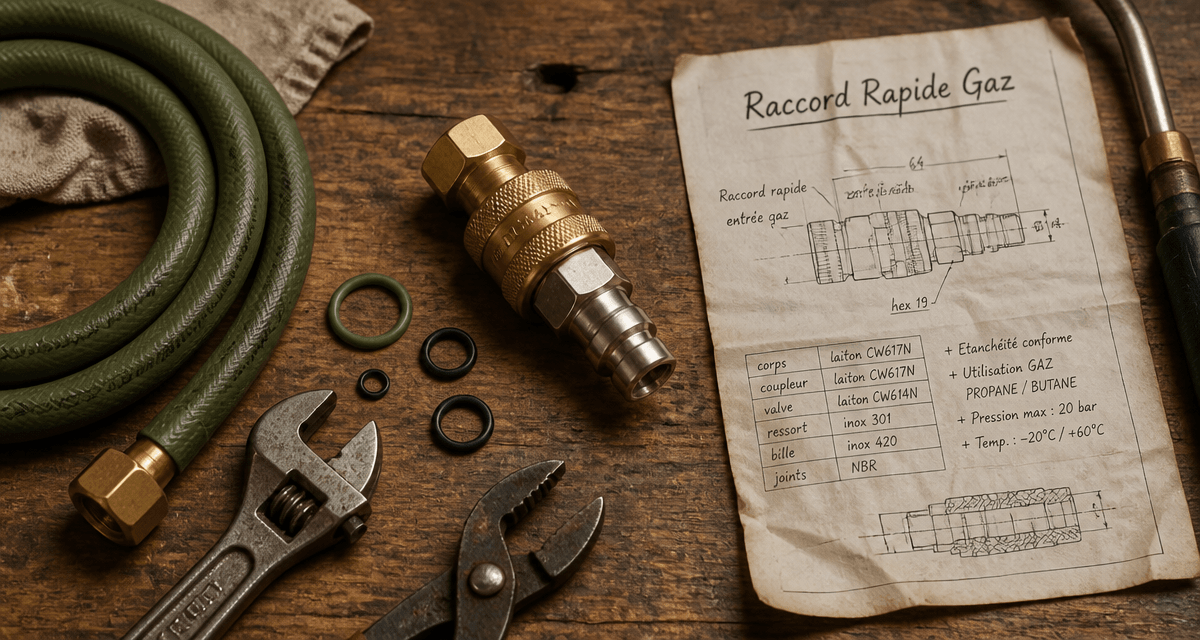 raccord rapide gaz sur établi avec outils et fiche technique
