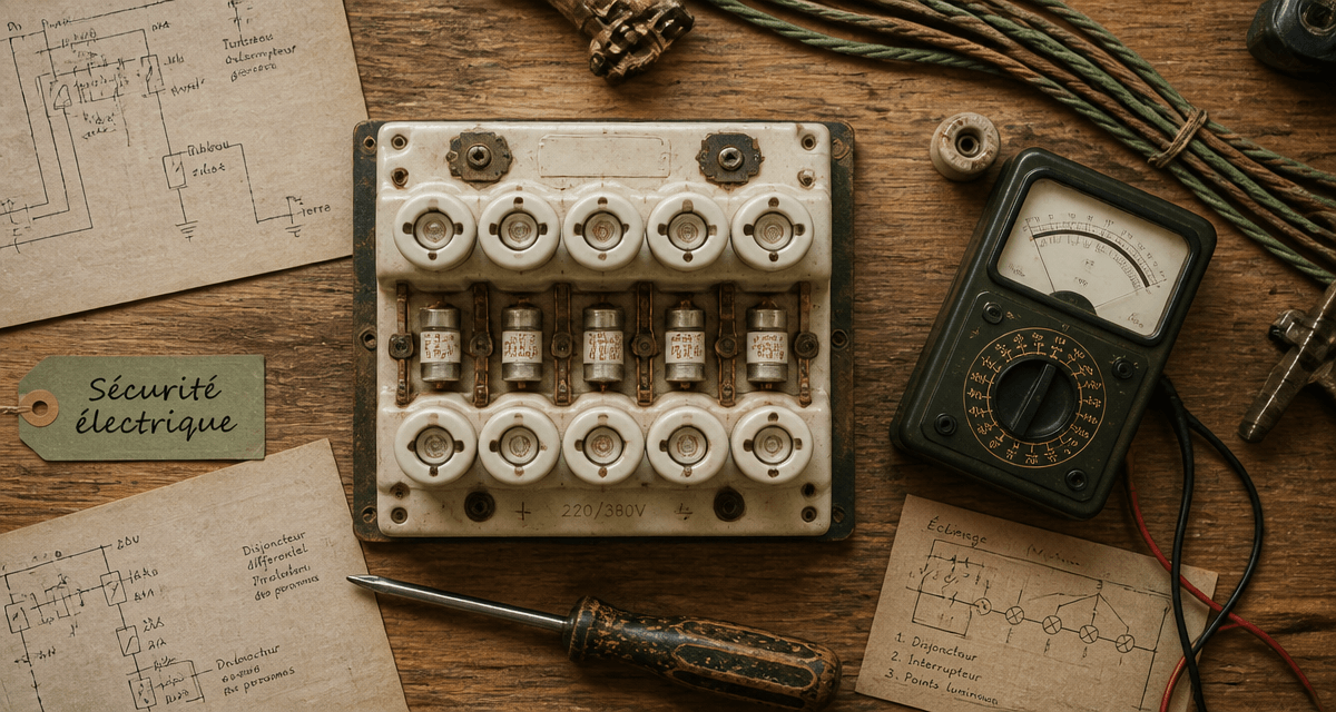 ancien tableau électrique avec fusible sur plan de travail