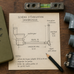schema evacuation sanibroyeur dessiné à la main sur plan de travail