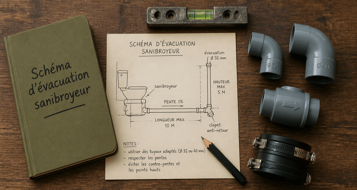 schema evacuation sanibroyeur dessiné à la main sur plan de travail