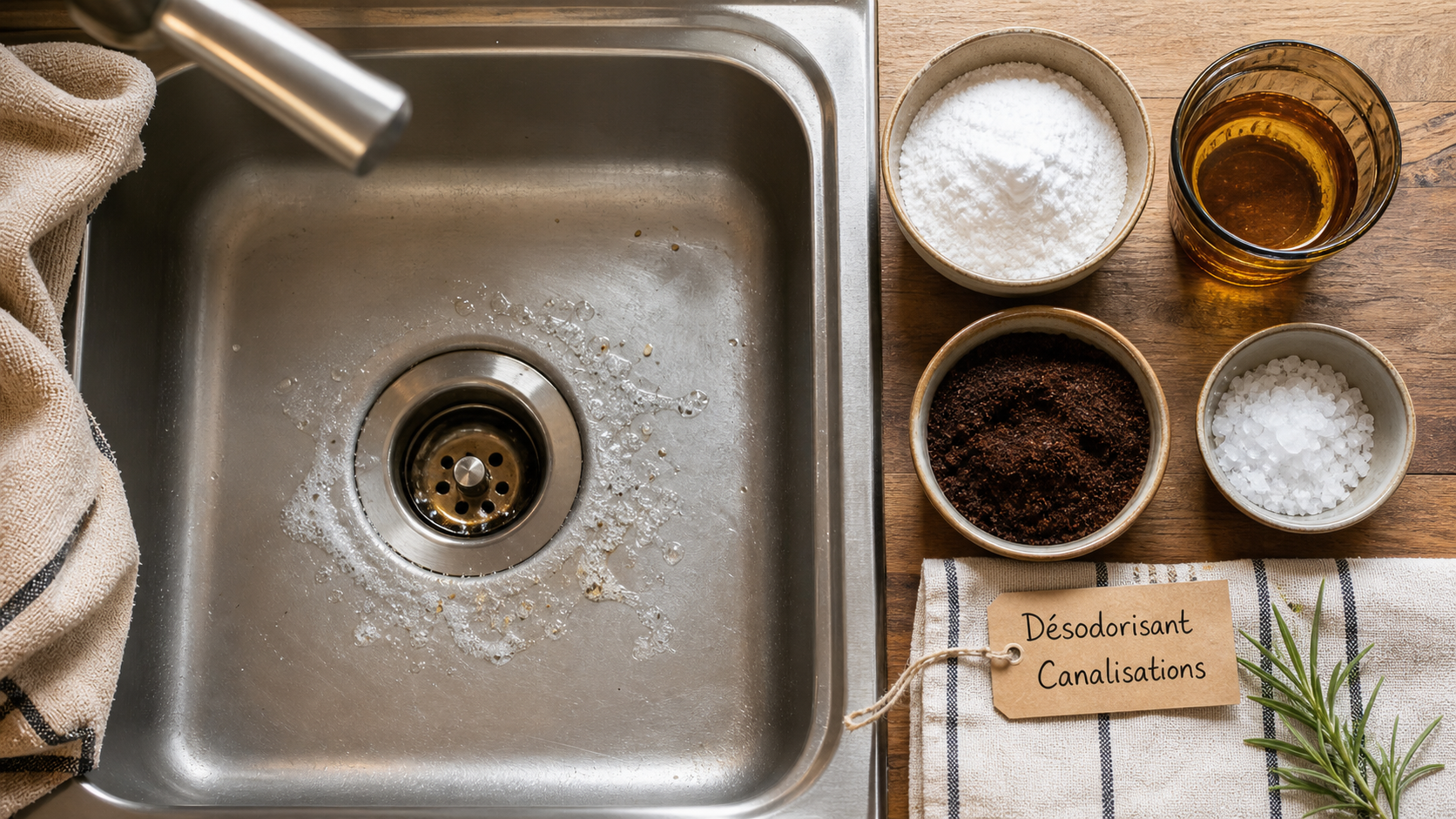 Désodorisant canalisation : bicarbonate, vinaigre et marc de café près d’un évier