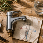 eau chaude et eau froide mitigeur et outils sur plan de travail