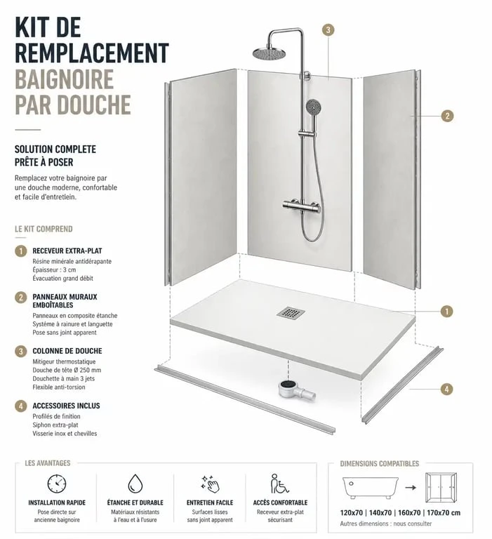 Schéma technique des composants d'un kit de remplacement de baignoire par douche