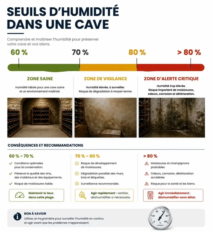 Infographie des seuils d'humidité dans une cave pour évaluer les dangers liés à l'humidité