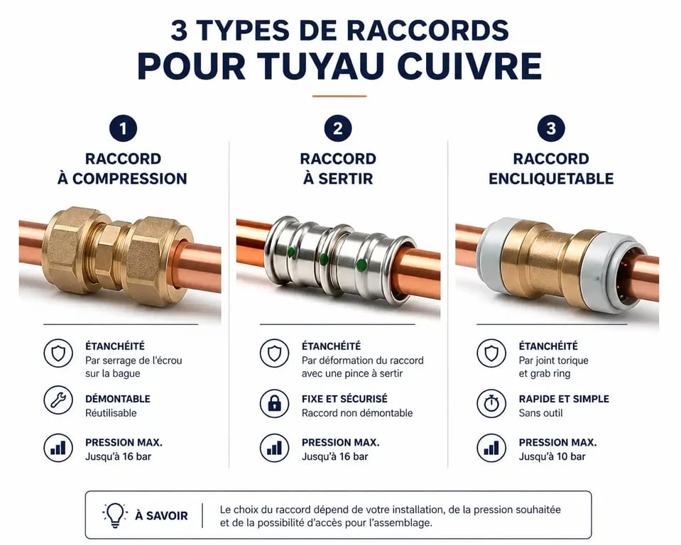 Comparatif des différents types de raccord sur tuyau cuivre pour plomberie