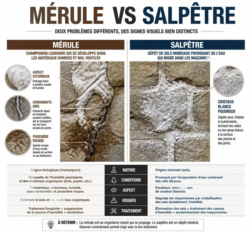 Comparaison visuelle entre la mérule et le salpêtre sur un mur en pierre pour aider à l'identification