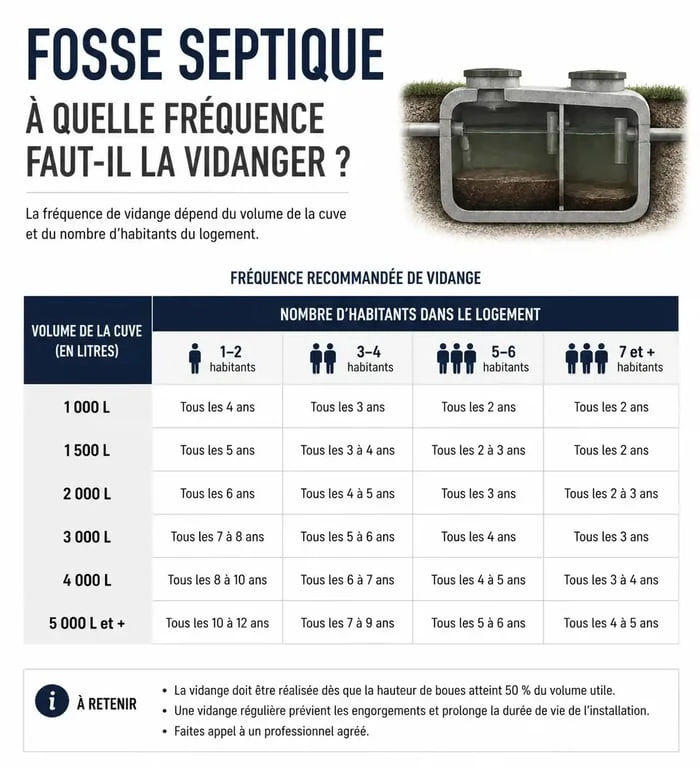 Infographie sur la fréquence de vidange d'une fosse septique selon le nombre d'occupants et le volume