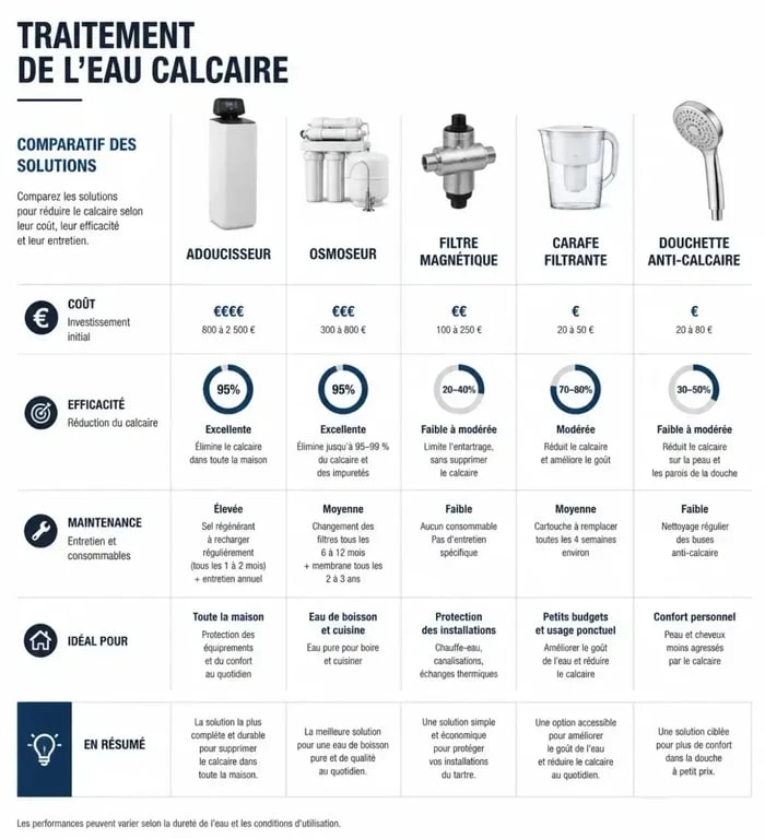 Infographie comparative des solutions contre l'eau calcaire : adoucisseur, osmoseur et filtres pour traiter l'eau dure.