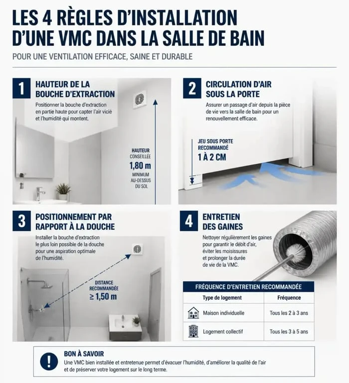 Schéma des règles d'installation d'une VMC dans une salle de bain pour une ventilation optimale