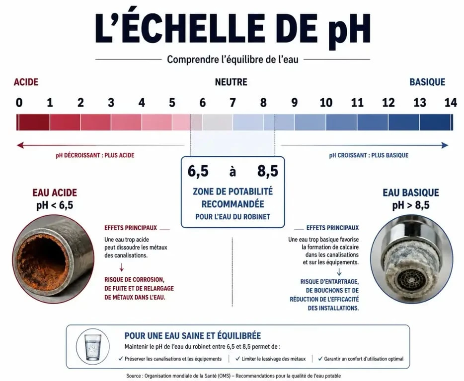 Échelle de pH de l'eau du robinet et zone de conformité sanitaire