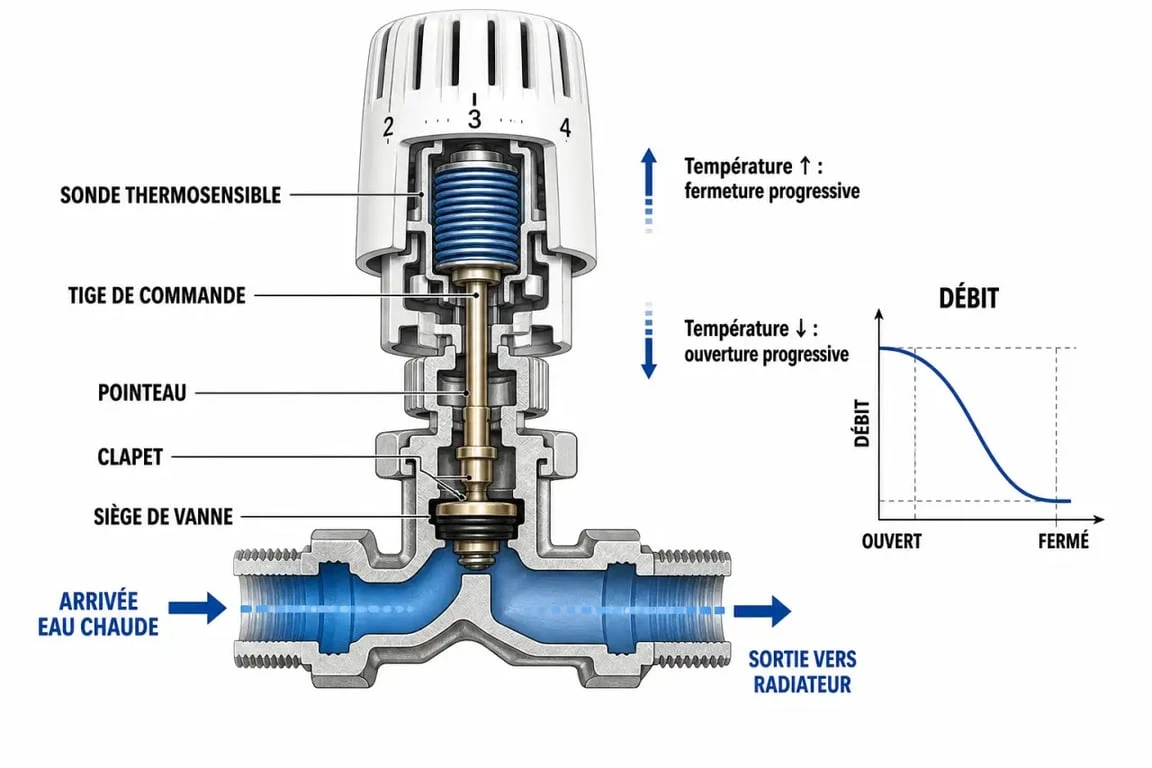 Schéma du fonctionnement d'une vanne thermostatique de radiateur