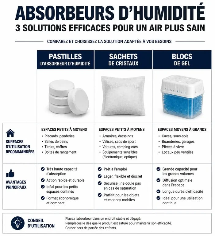 Infographie comparative des types d'absorbeurs d'humidité pour choisir le meilleur absorbeur d'humidité selon la surface.